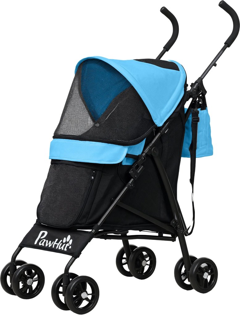 PawHut Kiskutyás Babakocsi Napernyő Struktúrával, Összecsukható Kutyakocsi Mosható Párnával, Pohártartóval, Hálós Ablakokkal és Tárolótáskával 76x44x1
