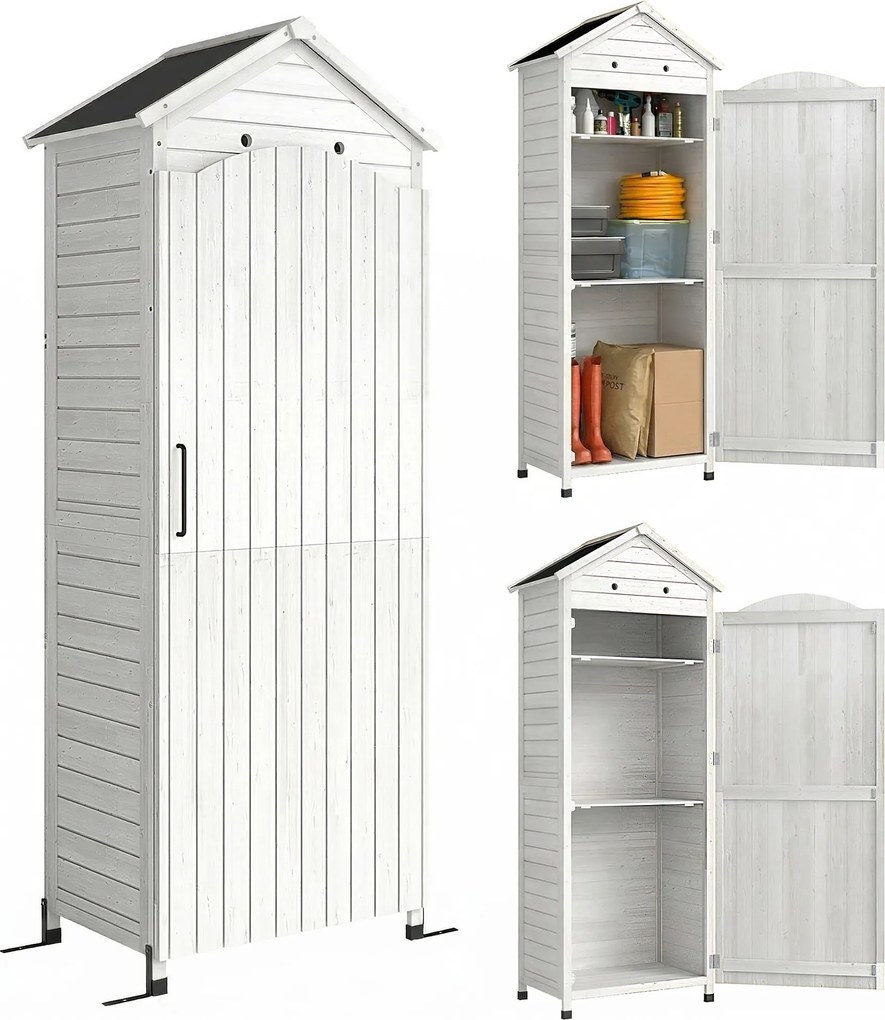 Outsunny magas fenyő kerti tárolószekrény állítható polcokkal, mágneses ajtóval és horganyzott tetővel, 85 x 58 x 213 cm — fehér | Aosom