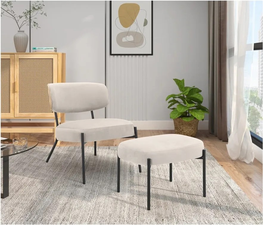 Krémszínű bársony fotel lábtartóval Jerry – Støraa