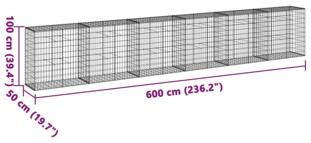horganyzott vas gabion kosár fedéllel 600 x 50 x 100 cm