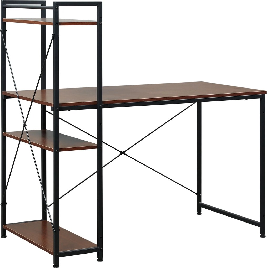 HOMCOM Sarok Íróasztal Ipari Dizájnnal, 3 Polcos Könyvespolccal, Kerekített Részecske Fából, Fekete Fém | Aosom