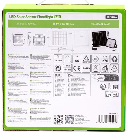 Aigostar - LED állítható fényerőjű napelemes reflektor érzékelővel 80W IP66 + DO