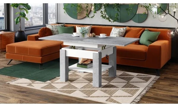 Átalakítható CALEB konferencia/étkezőasztal emelhető lappal, szürke beton/fehér