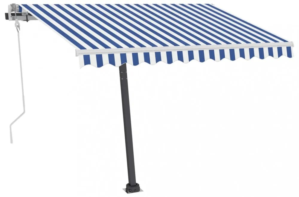 kék és fehér kézzel kihúzható LED-es napellenző 350x250 cm