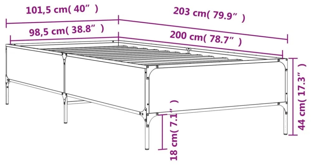füstös tölgyszínű szerelt fa és fém ágykeret 100 x 200 cm