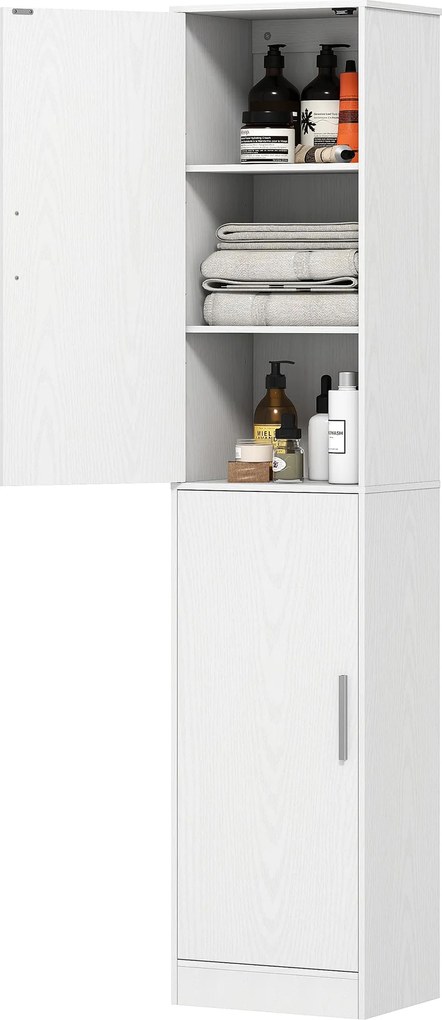 HOMCOM Fürdőszoba Szekrény, Magas, Keskeny Szekrény 2 Ajtóval, Állítható Polcokkal 40 x 35 x 180 cm Fehér | Aosom