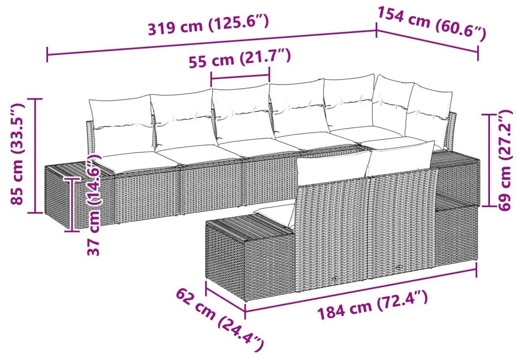 Kerti Kanapé Szett 8 pcs Fekete és krémszínű Poli rattan
