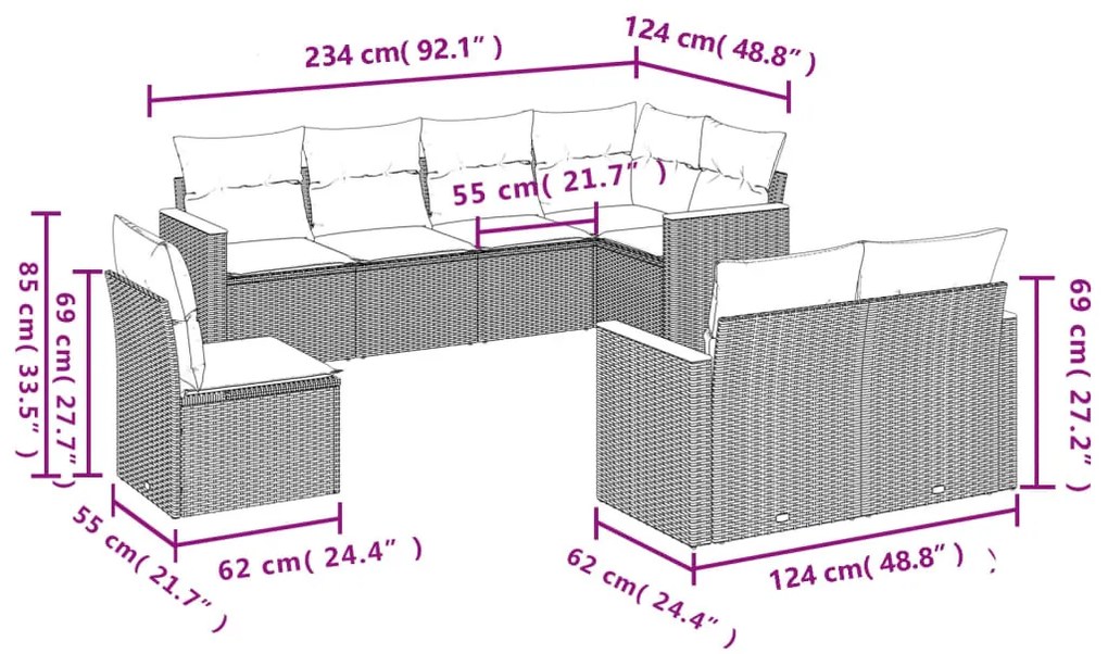 8 részes bézs polyrattan kerti ülőgarnitúra párnával