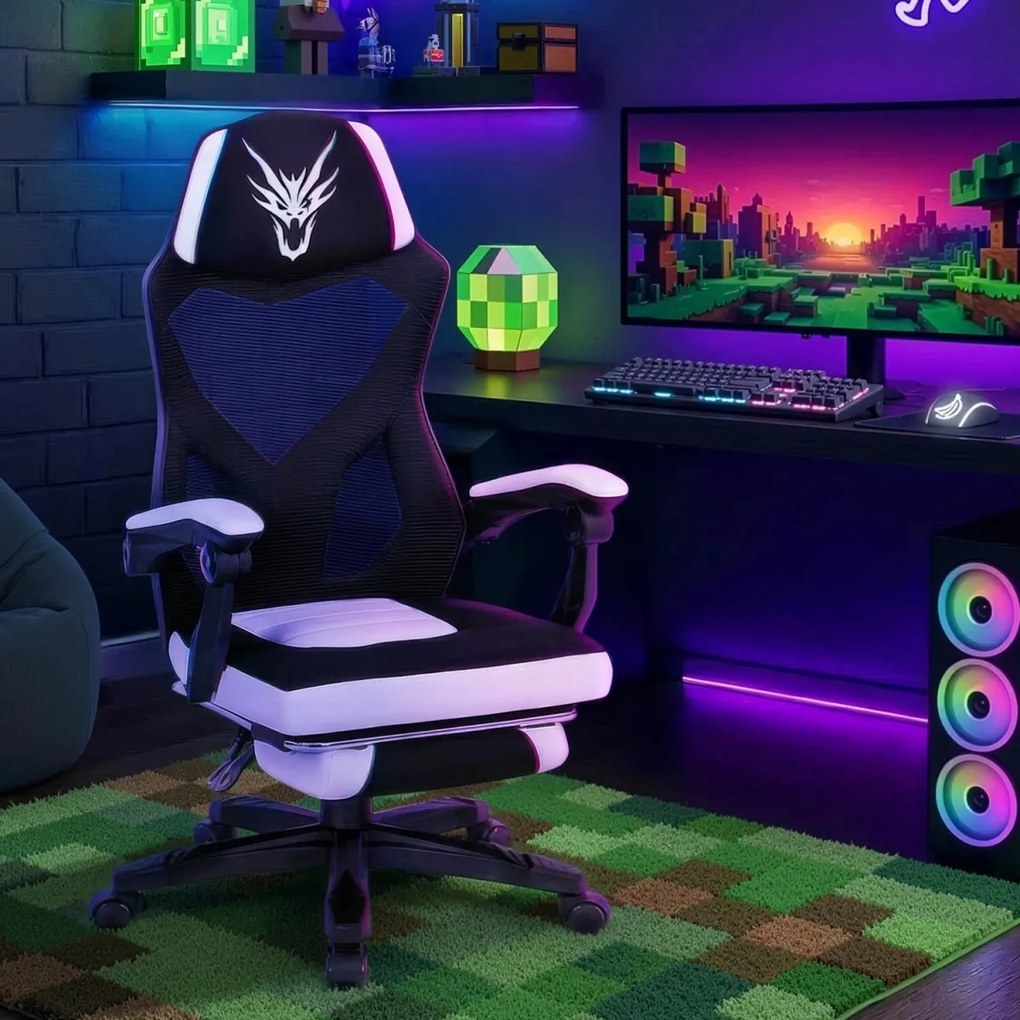 Forgószék gaming lábtartóval fekete/fehér. BING