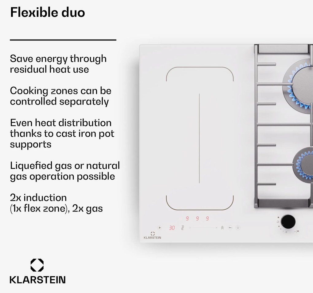 Klarstein MultiChef 4, indukciós és gáz tűzhely, 4 főzőzóna, 2 gázégő, 2 indukciós főzőlap, FlexZone