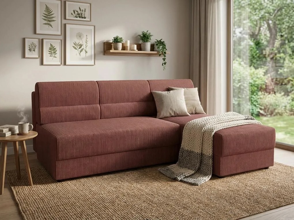 Kihúzható, kétoldalas L-alakú ülőgarnitúra TAVERO 201x140 cm, sötétrózsaszín