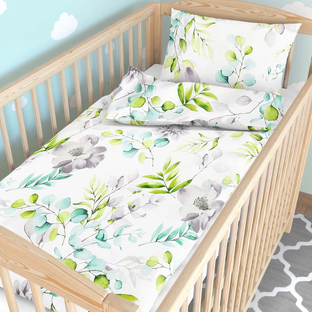 Goldea gyermek pamut ágyneműhuzat kiságyba deluxe - eucalyptus virágok 90 x 120 és 40 x 60 cm