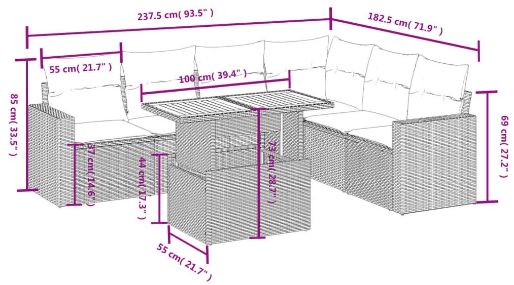 7 részes fekete polyrattan kerti ülőgarnitúra párnával