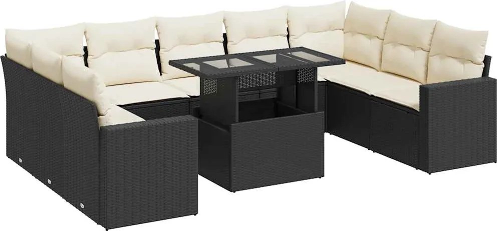 vidaXL 10 részes fekete polyrattan kerti ülőgarnitúra párnákkal
