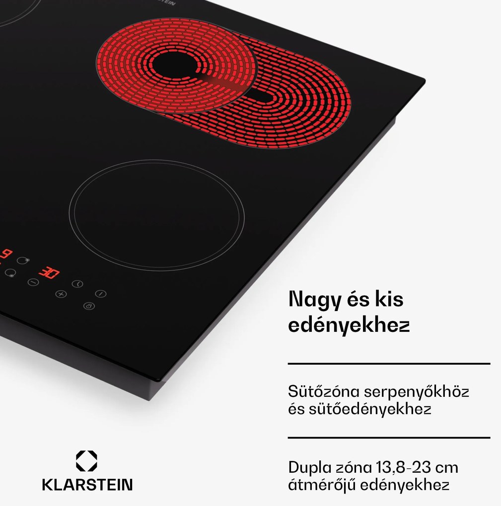 Klarstein Virtuosa 4, főzőlap, 60 cm, 6500 W, kétzónás, Pluszone, időzítő, üvegkerámia