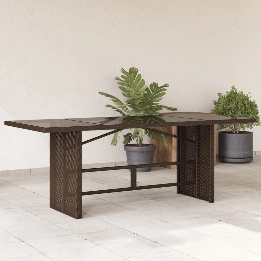 barna polyrattan üveglapos kerti asztal 190x80x75 cm