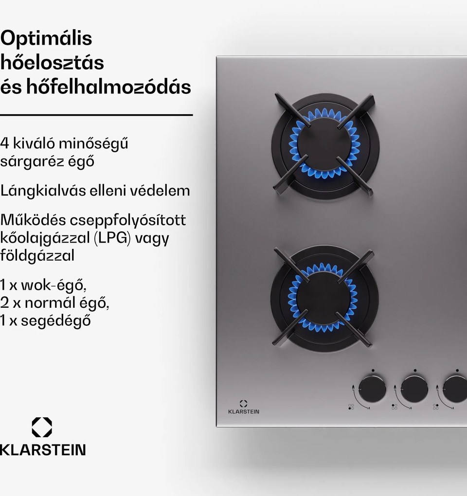 Klarstein Goldflame 4 gáz főzőlap, 4 égős, önálló, földgáz/propán, rozsdamentes acél