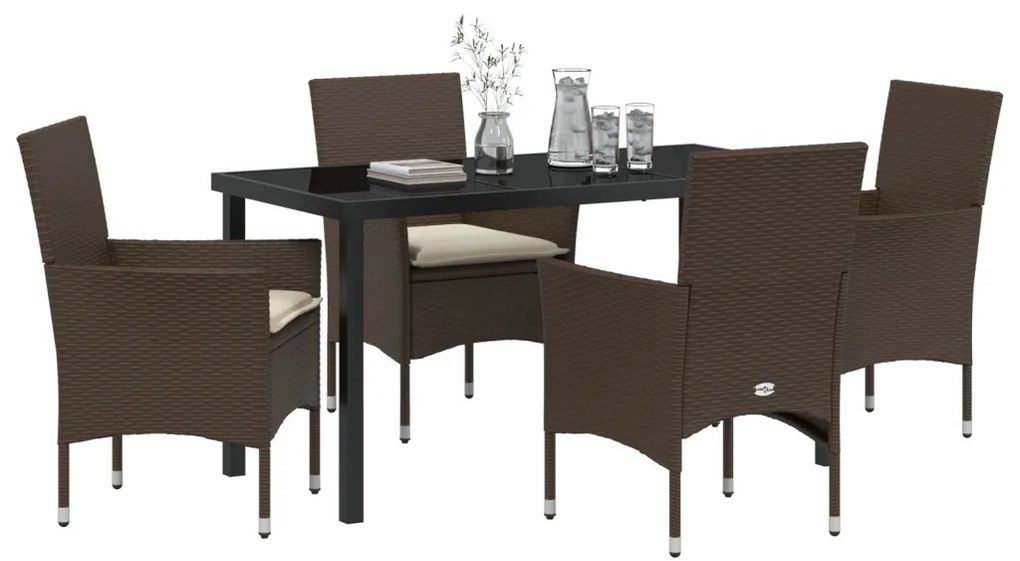 5 Részes Kerti Étkezőasztal Párnákkal Barna Poli Rattan, Kerti Asztal Fekete 140x80x73 cm Edzett Üveg