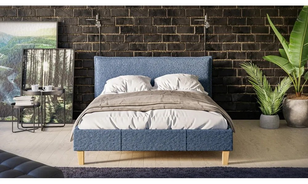 Kék kárpitozott franciaágy ágyráccsal 140x200 cm Tina – Ropez