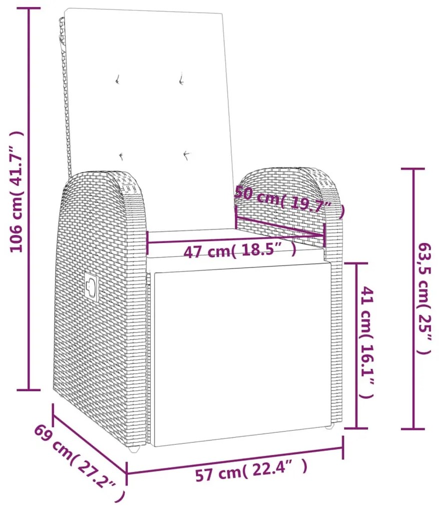 2 db szürke polyrattan dönthető kerti szék párnákkal