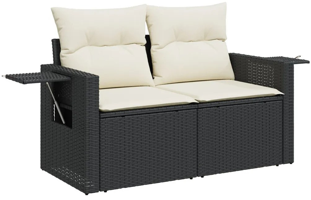 11 Részes Kert Sofa Szett Párnákkal Fekete Poli Rattan Akác, 3 Részes Kert Étkező Szett Párnákkal Fekete Poli Rattan Akác