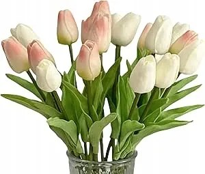 Hepeng Művirág Tulipán 32 cm, 20 db Fehér és Rózsaszín