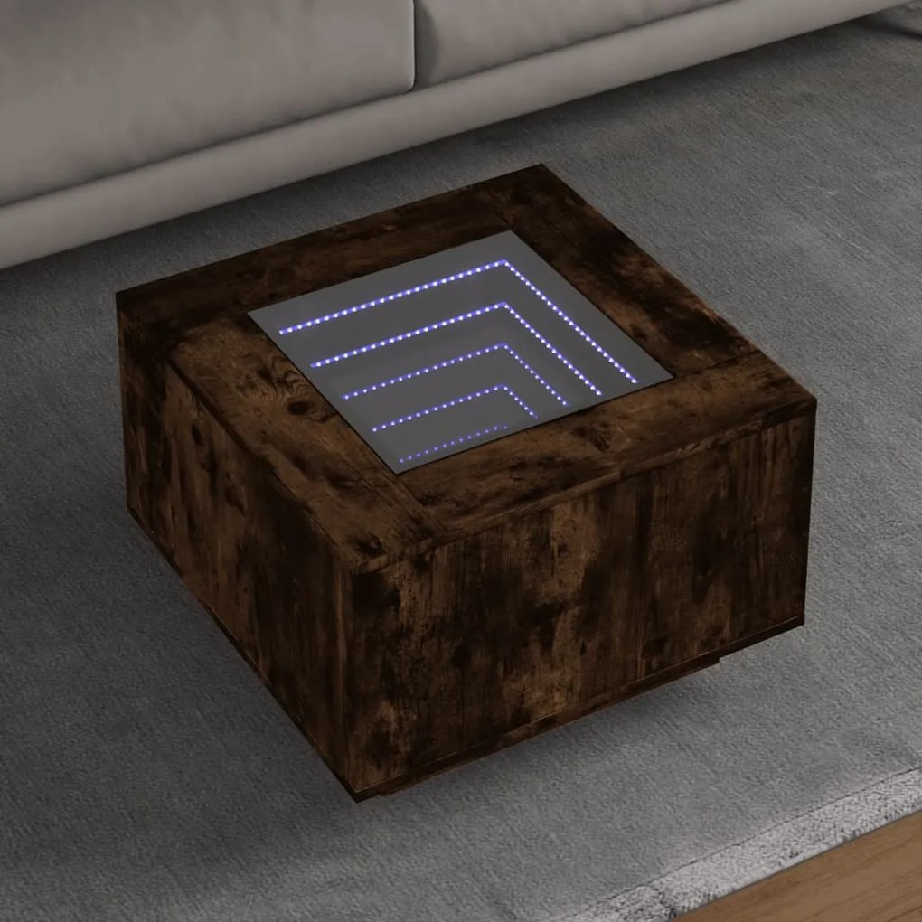 Füstös tölgy szerelt fa dohányzóasztal LED-del 60 x 60 x 40 cm
