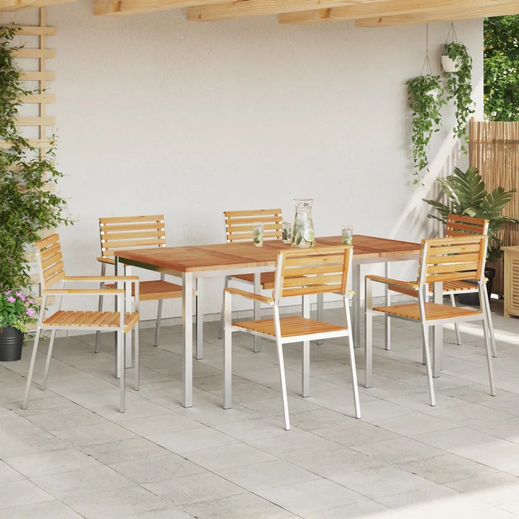 7 Részes Kert Étkezőszett Tömörfa Tíkfa, Kültéri Étkezőasztal 180x90x75 cm Tömörfa Tíkfa, Összecsukható Kerti Székek 2 db Tömörfa Tíkfa és Acél, Összecsukható Kerti Székek 4 db Tömörfa Tíkfa és Acél