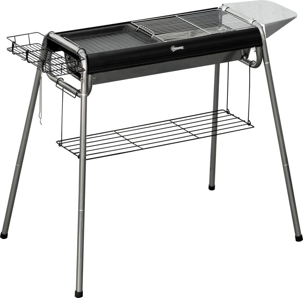 Outsunny Kerti Szén Grillező Első Grilltálcával és Tárolópolccal, Hordozható, 96x61x72 cm, Fekete | Aosom