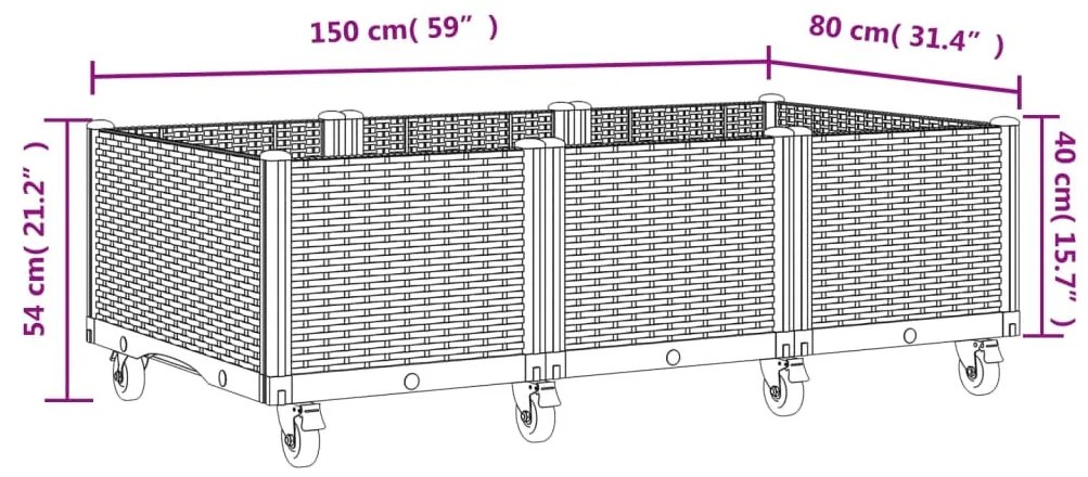 világosszürke PP rácsos kerekes ültetőláda 150 x 80 x 54 cm