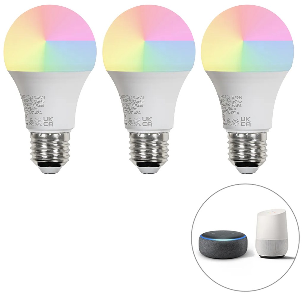 3 db-os készlet okos E27 LED izzó A60 matt RGBW 8,5W 806lm 2700K