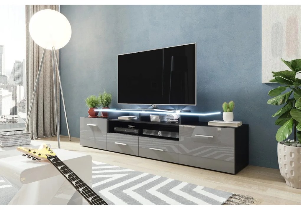 TV asztal + szekrény Blaise (fekete + fényes szürke) (fehér LED világítás). 1058801