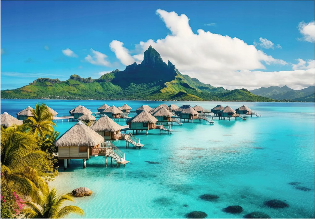 Fotótapéta Flizelina Trópusi Paradicsom Bungaló sziget Tenger Hegyek 254x184 +ragasztó