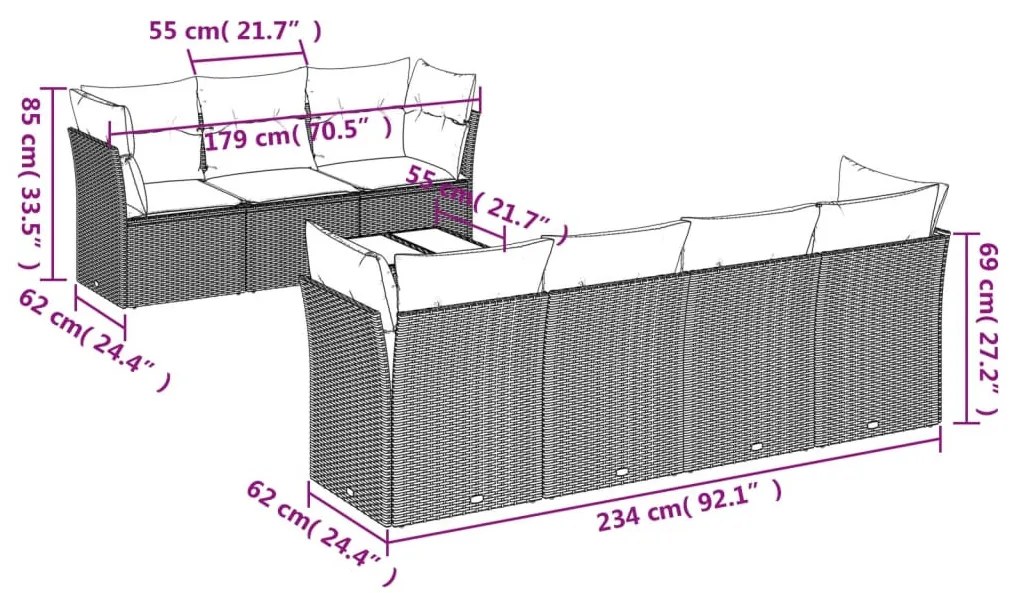 8 részes fekete polyrattan kerti ülőgarnitúra párnákkal