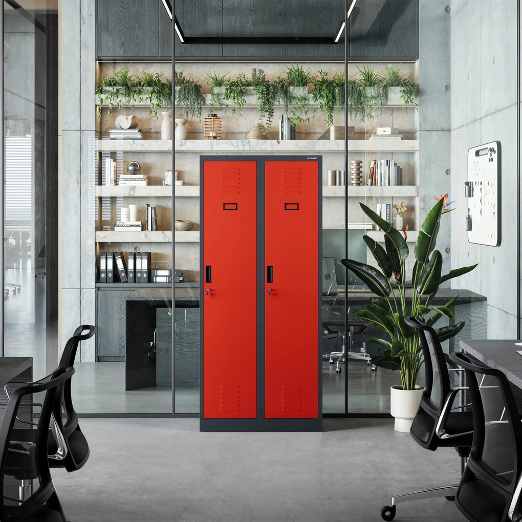 Pléh öltözőszekrény talpazaton, kétmodulos, polccal és köztes fallal KACPER, 800 x 1800 x 500 mm, antracit-piros