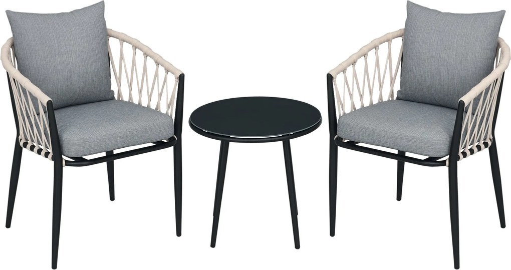 Outsunny 3 részes Kerti Bútor Szett, Kerti Bistro Szett 1 Asztallal, 2 Székkel Párnákkal, Erkély Szett, Terasz Bútor Acélból, Szürke | Aosom