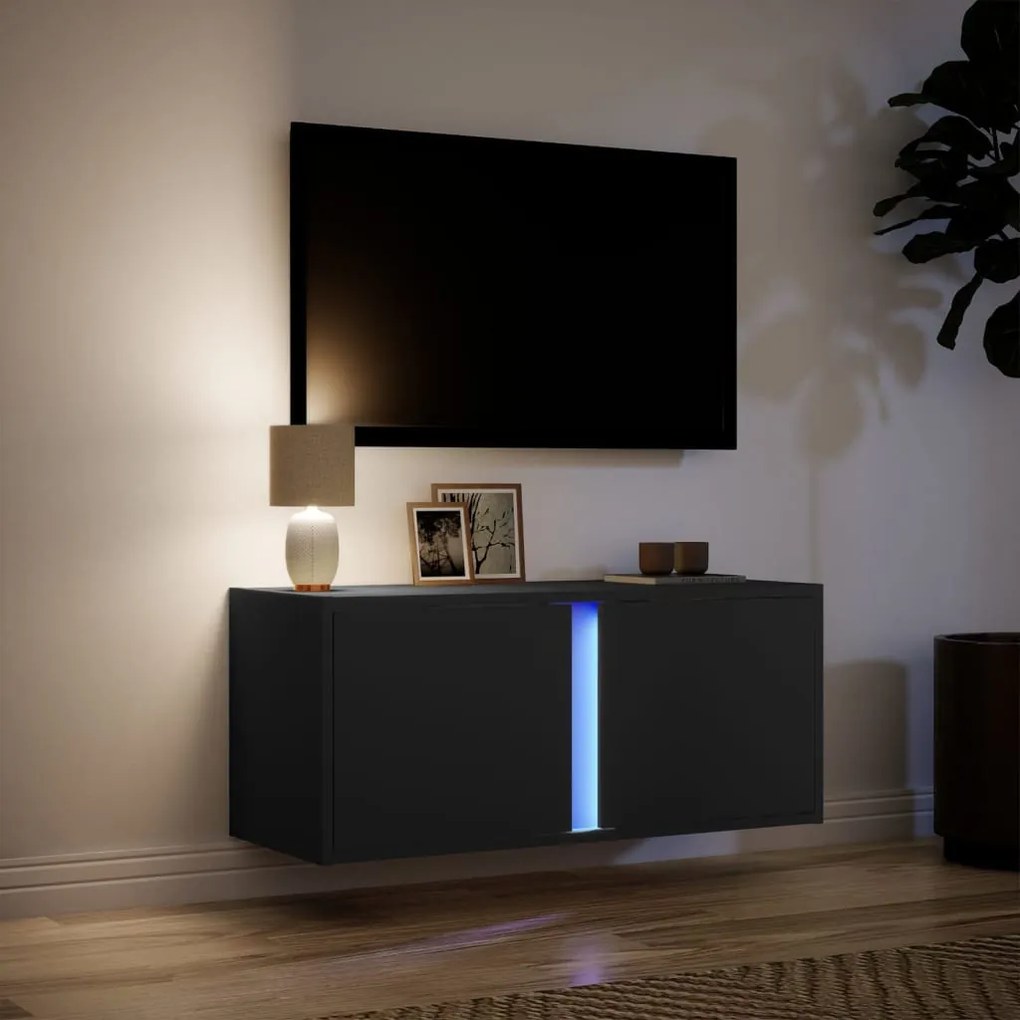 fekete fali TV-szekrény LED-világítással 80x31x35 cm