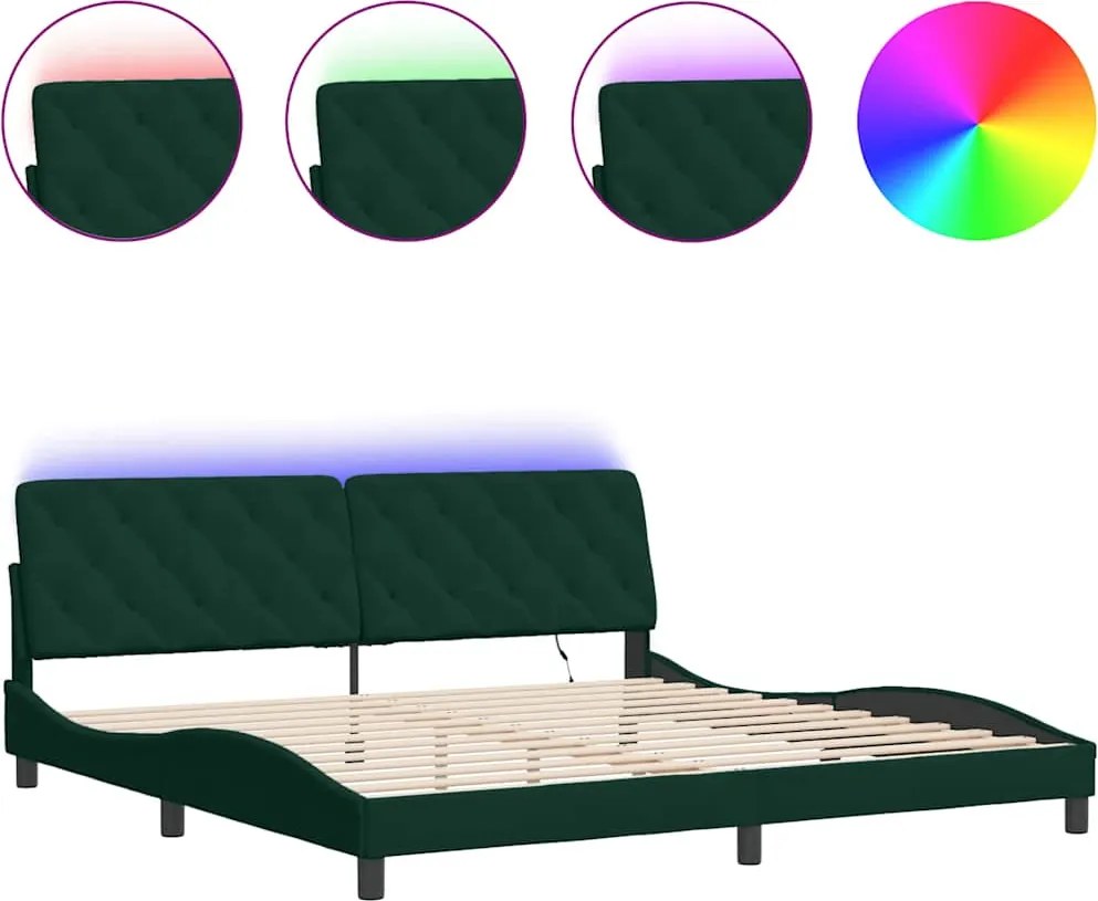 vidaXL sötétzöld bársony ágykeret LED-ekkel matrac nélkül 200 x 200 cm