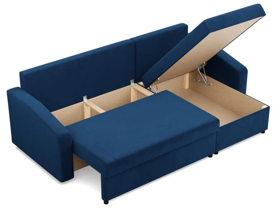 Zeus sarokkanapé, 2 ágyneműtartóval, döntött kartámasz, bársony, univerzális oldal, hab töltet, kék