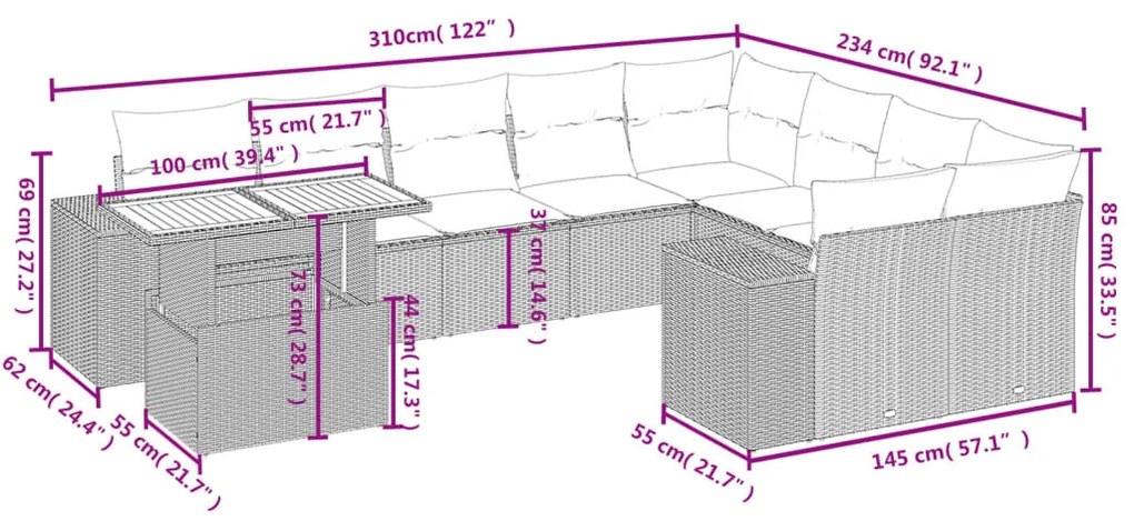 10 részes szürke polyrattan kerti ülőgarnitúra párnákkal