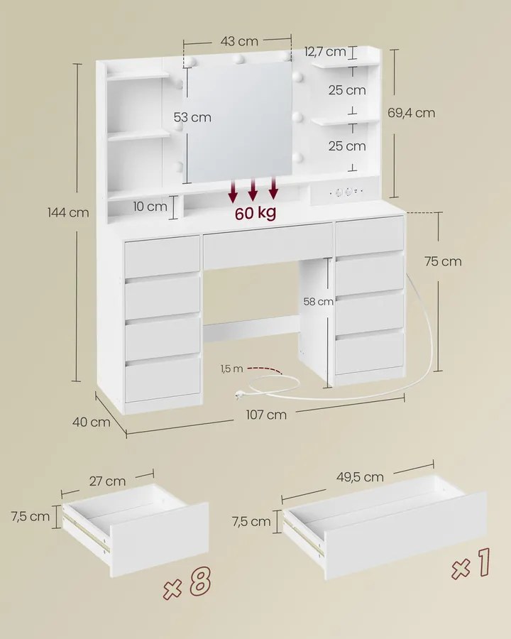KAILYN LED Fésülködő asztal, tükörrel ellátott sminkasztal, 9 fiókkal, felhőfehér színben