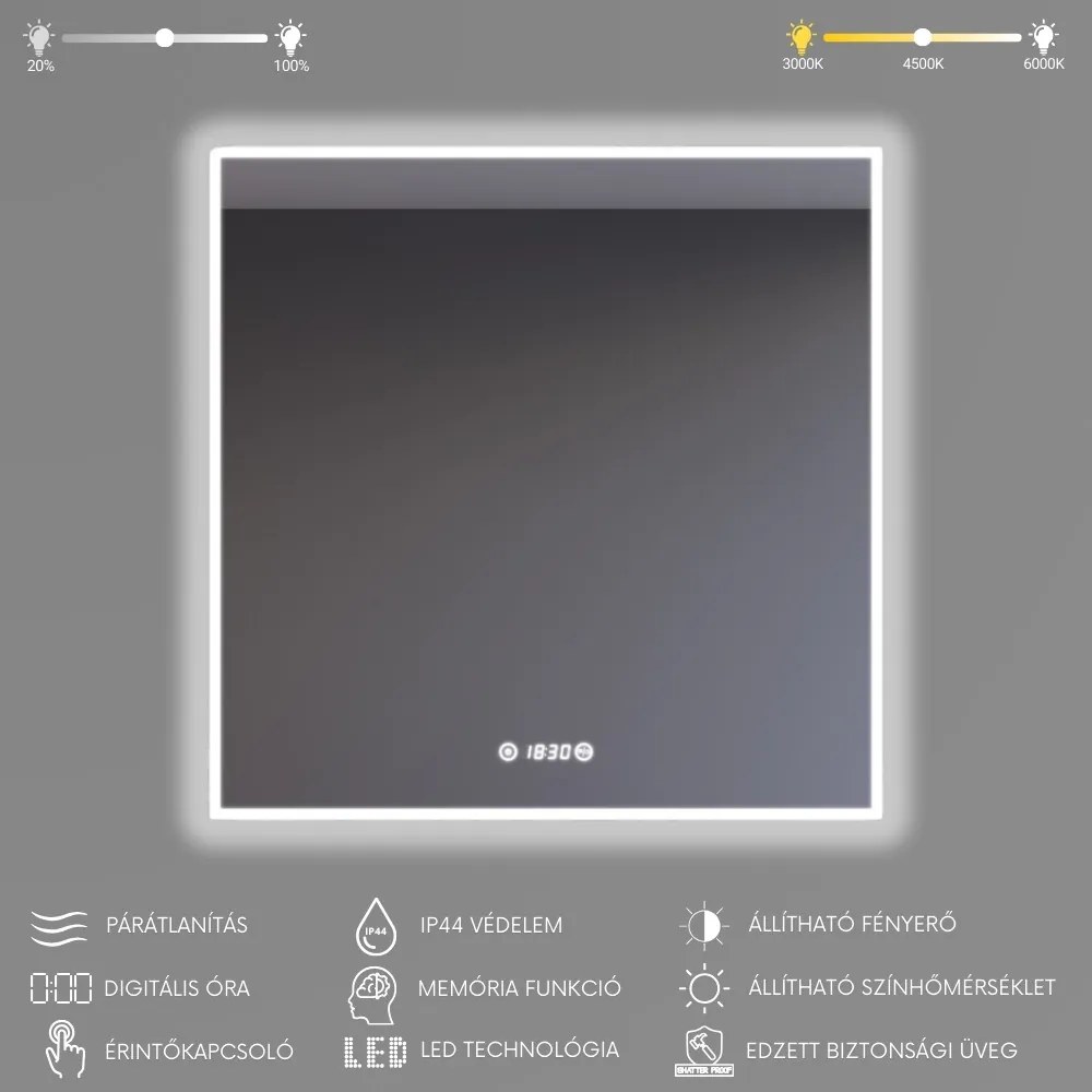 Fürdőszobai LED tükör 80x80cm | Páramentesítő funkció - Óra - Fényerő és színhőmérséklet szabályozás | Welland Luxury-Line G1091