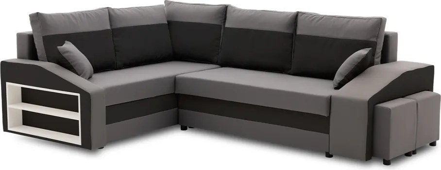 Grande sarokkanapé polcokkal és puffokkal , polc a bal karfaban puffok a jobb karfaban, baloldali, szövet anyag, hab töltet, szürke - fekete