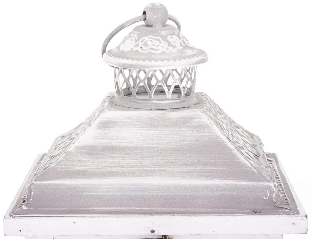 Sötétbarna 4szögletű fa lantern lámpás szürke áttört fém tetővel üvegezve 38,5x19x15cm
