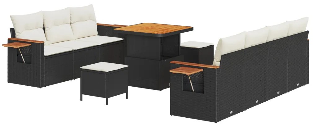 10 darabos kertiszofa szett párnákkal Fekete Műrattan Akác, 3 darabos kerti étkező szett párnákkal Fekete Műrattan Akác