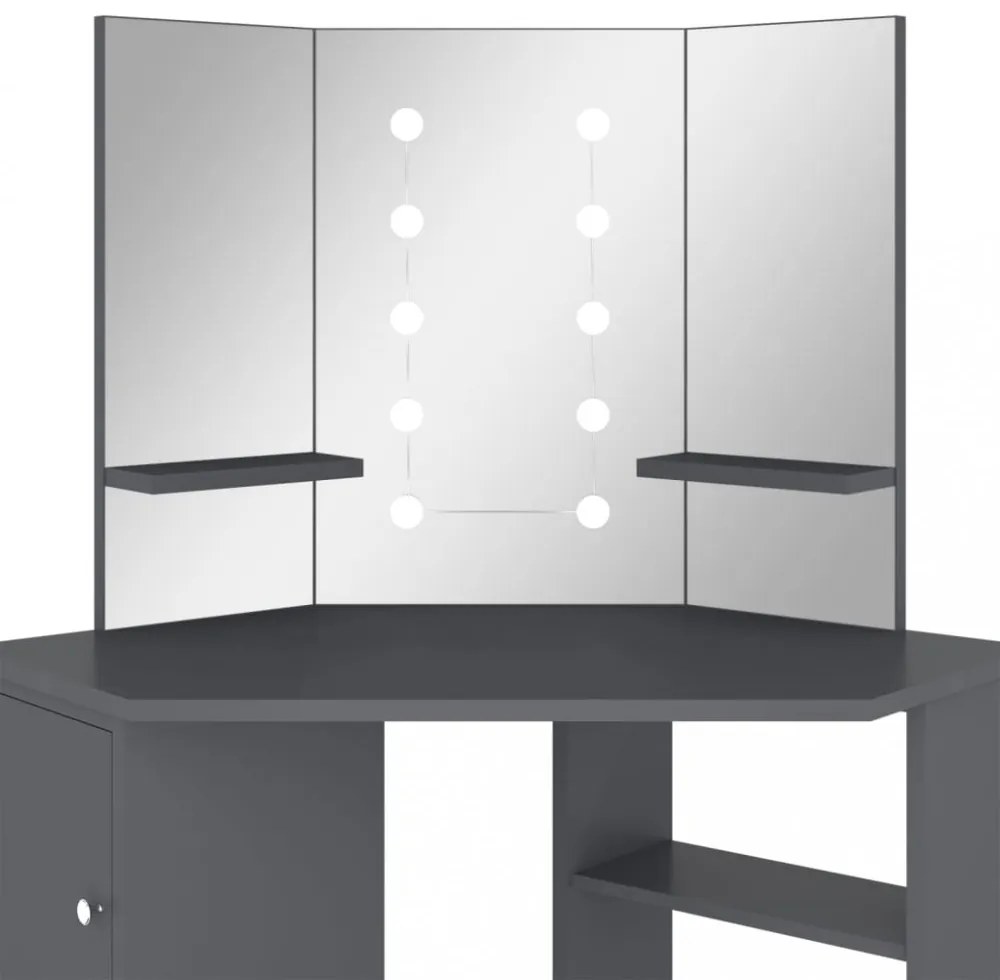 szürke sarok fésülködőasztal LED világítással 111x54x141,5 cm