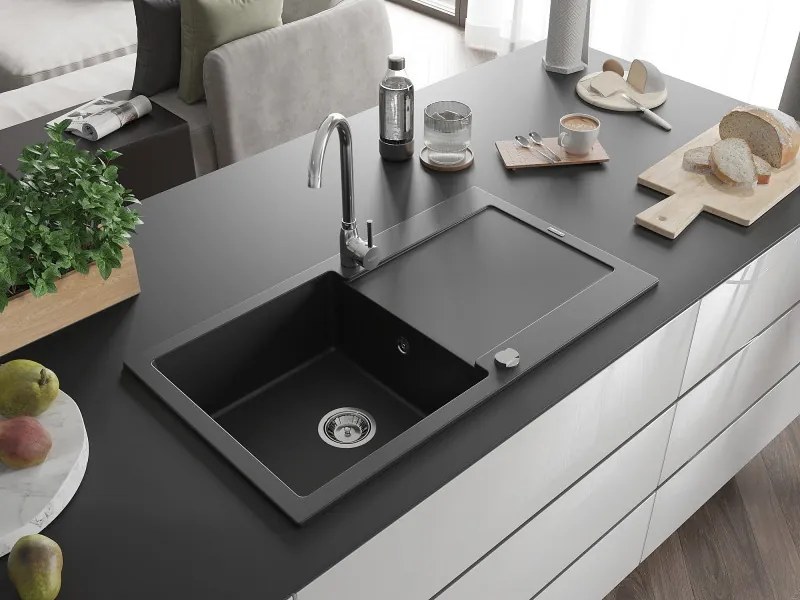 Mexen Leo gránit mosogató 1 tálcás csepegtetővel 900 x 500 mm, fekete, krómozott szifon - 6501901010-77