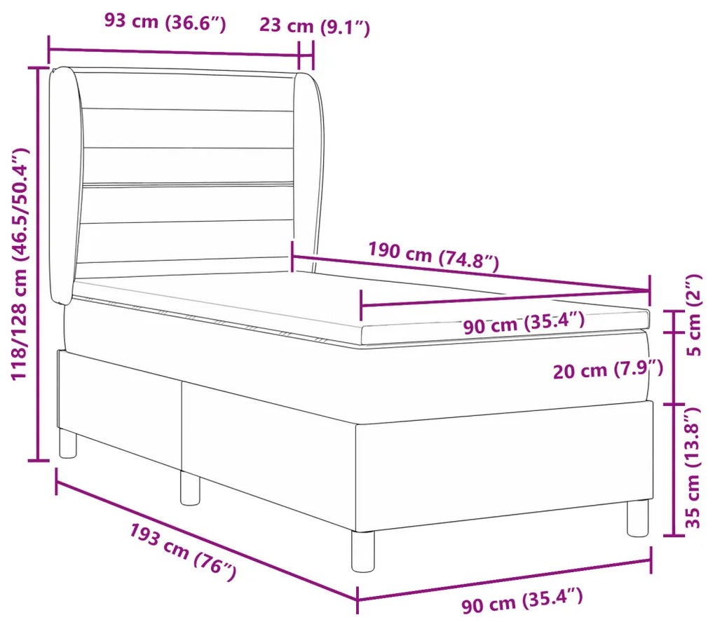 Boxspring Ágy Matrac Kárpitozott Szürke színben, 90x190 cm