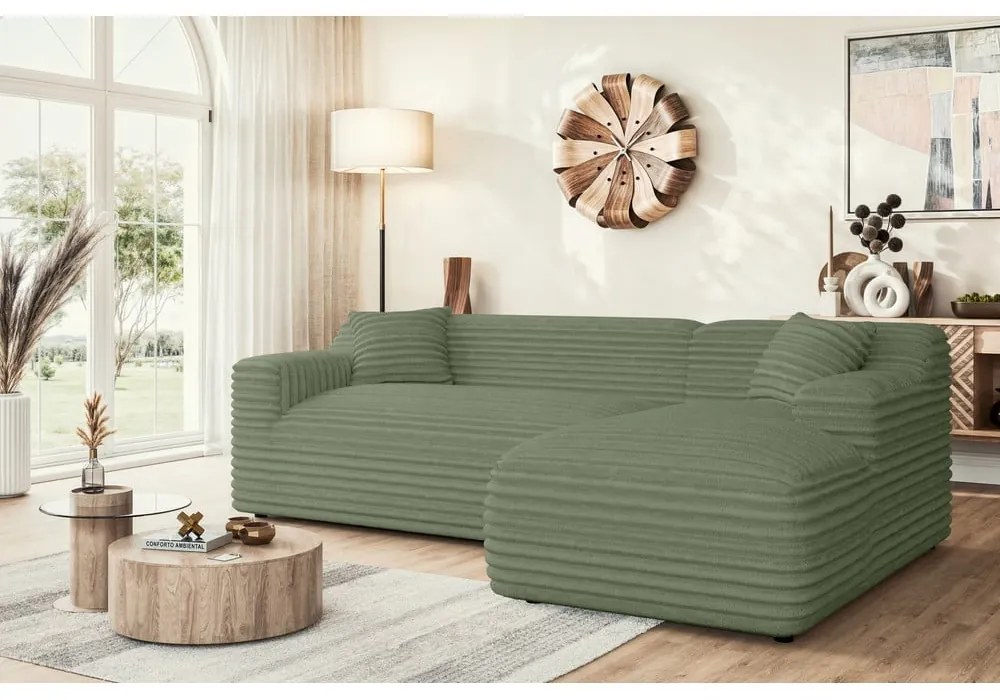 Zöld kordbársony sarokkanapé (jobb oldali-heverő résszel) Martin – Ropez