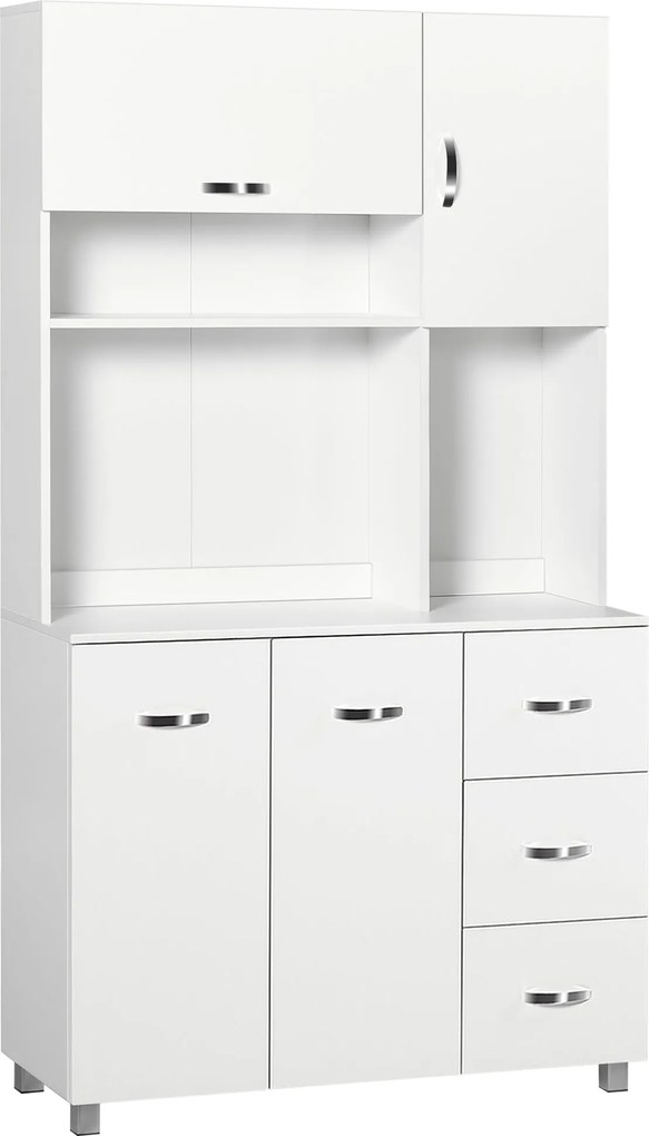 HOMCOM Modern Konyhai Kamra Konyhaszekrény 3 Fiókkal, 4 Ajtóval és Állítható Polcokkal - Segédbútor Étkezőhöz és Nappaliba 100x39.5x183.5 cm Fehér | A